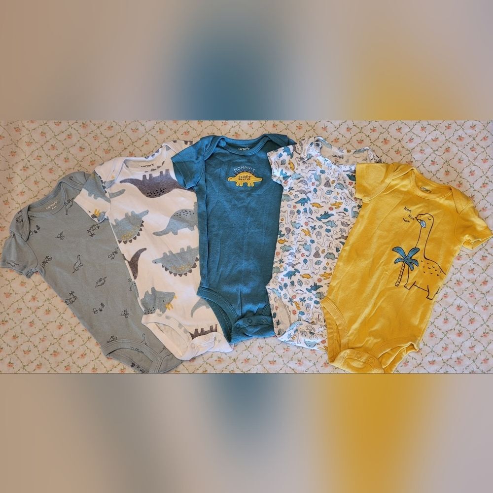 Carters Size 6 Months Set of 5 Dinosaurs Bodysuits in Assorted Colors